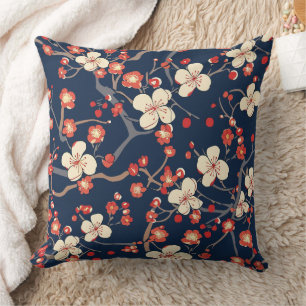 Navy Red Cherry Blossom Japanese Floral Cushion