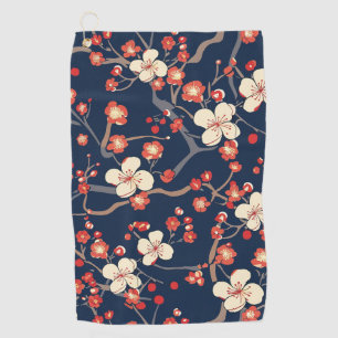 Navy Red Cherry Blossom Japanese Floral Golf Towel