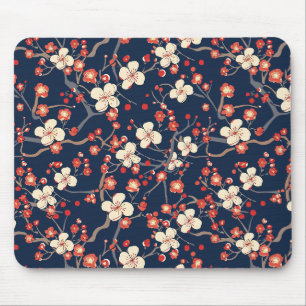 Navy Red Cherry Blossom Japanese Floral Mouse Pad
