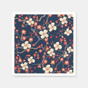 Navy Red Cherry Blossom Japanese Floral Napkin