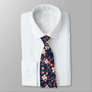 Navy Red Cherry Blossom Japanese Floral Tie