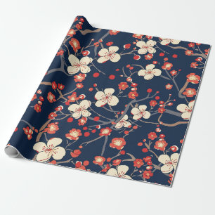 Navy Red Cherry Blossom Japanese Floral Wrapping Paper