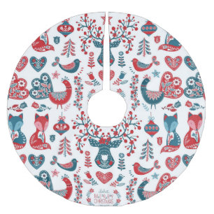 Navy & Red Christmas Scandinavian Folk Art Design Brushed Polyester Tree Skirt