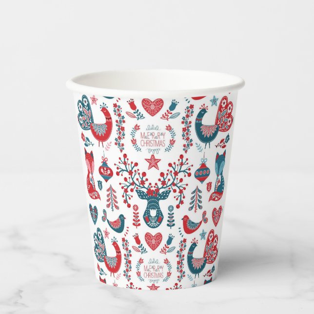 Navy & Red Christmas Scandinavian Folk Art Design Paper Cups (Front)