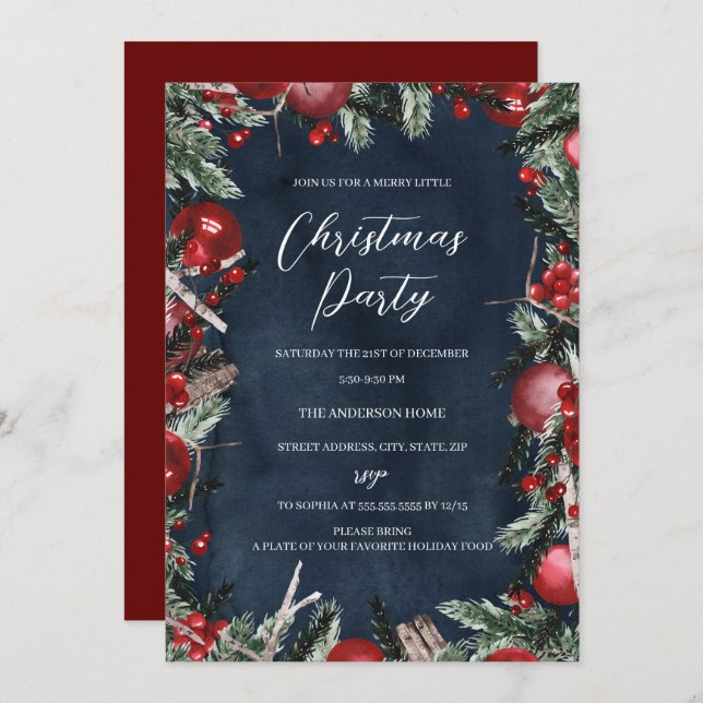 Navy Red Christmas Wreath Festive Floral Party  Invitation (Front/Back)