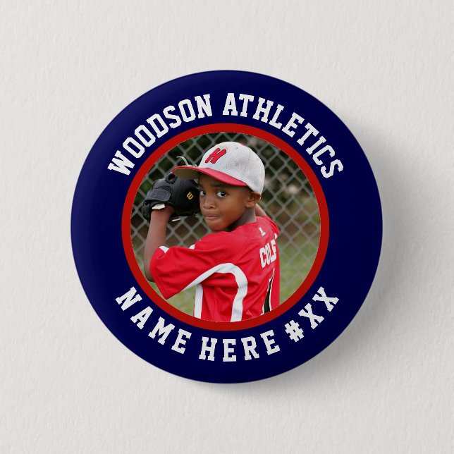 Navy & red custom sports team pin / button (Front)