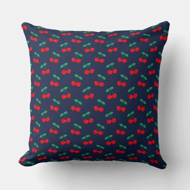 Navy & Red Cute Summer Red Cherries Cushion (Front)