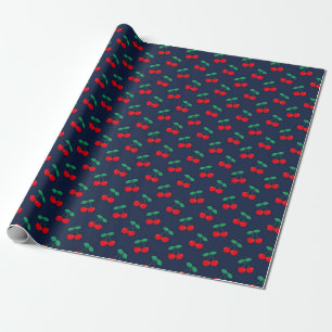 Navy & Red Cute Summer Red Cherries Wrapping Paper