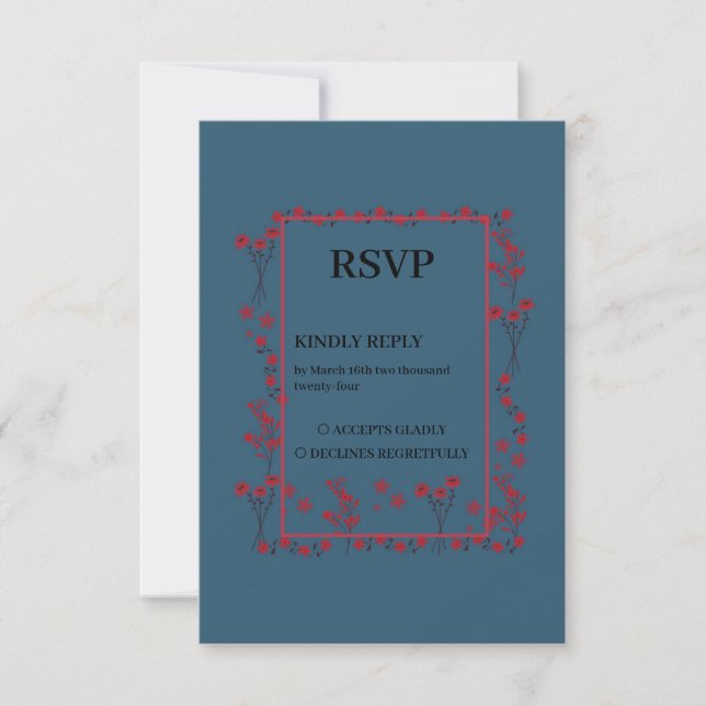 Navy Red Floral Border Wedding RSVP Card (Front)