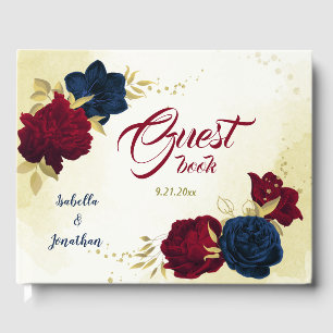 navy red floral gold guest book