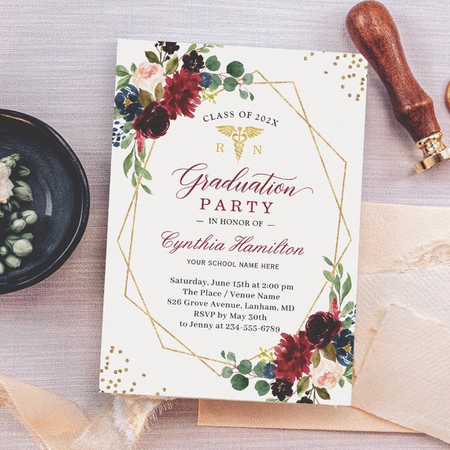 Navy Red Floral Gold Medical Symbol Graduation Invitation (Creator Uploaded)