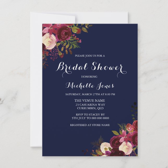 Navy & Red Floral Spring Autumn Bridal Shower Invitation (Front)