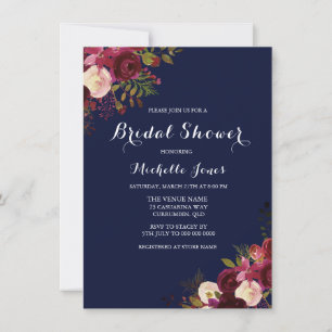 Navy & Red Floral Spring Autumn Bridal Shower Invitation