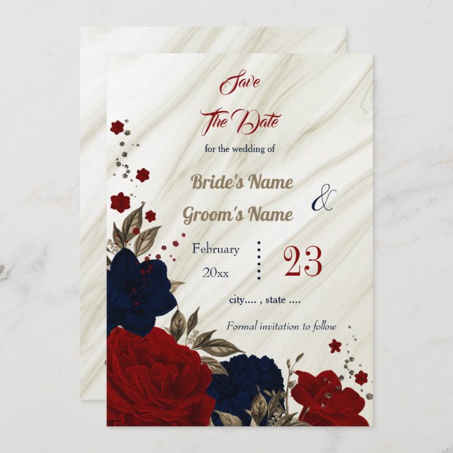 navy red flowers bronze leaves boanical save the date (Front/Back)