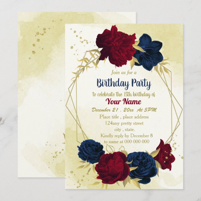 navy red flowers gold leaves birthday  invitation (Front/Back)