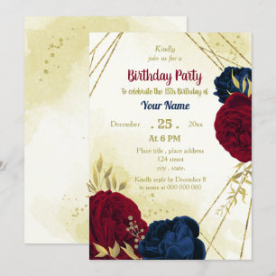 navy red flowers gold leaves birthday  invitation