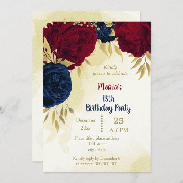 navy red flowers gold leaves birthday  invitation (Front/Back)