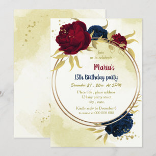 navy red flowers gold leaves birthday invitation