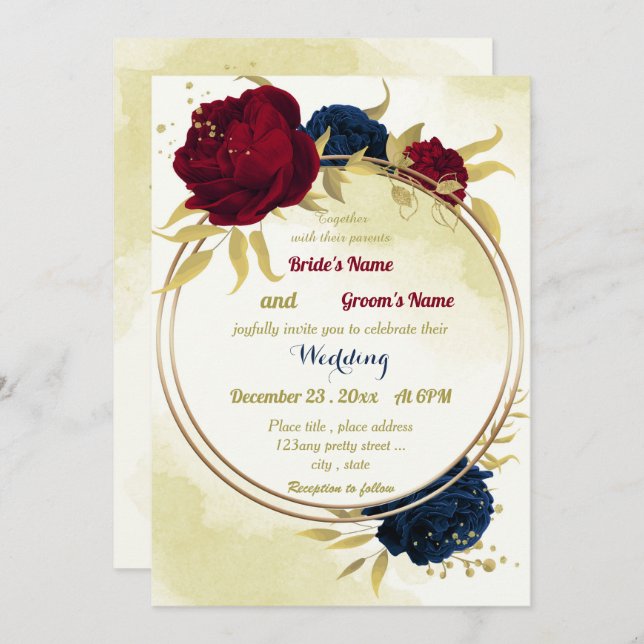 navy red flowers gold leaves geometric wedding invitation (Front/Back)