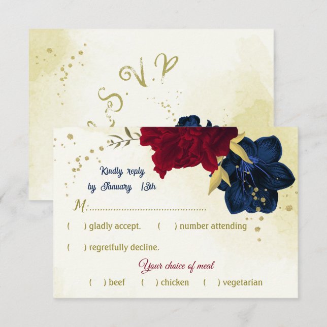 navy red flowers gold leaves RSVP card (Front/Back)