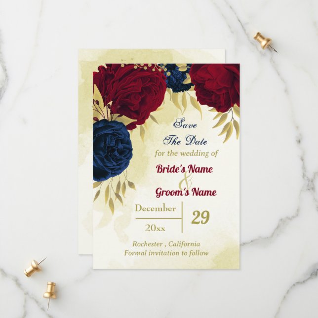 navy red flowers gold leaves save the date (Front/Back In Situ)