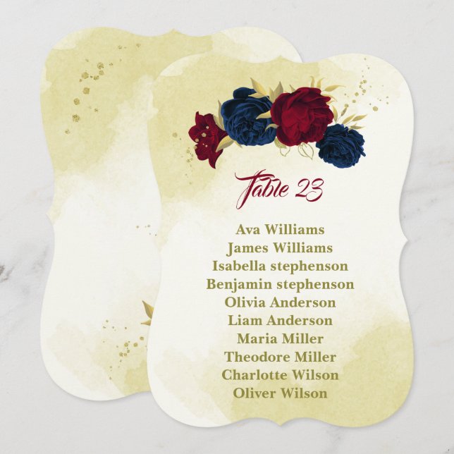 navy red flowers gold leaves seating chart card (Front/Back)