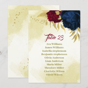navy red flowers gold leaves seating chart card