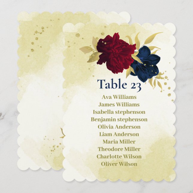 navy red flowers gold leaves seating chart card (Front/Back)
