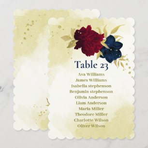navy red flowers gold leaves seating chart card