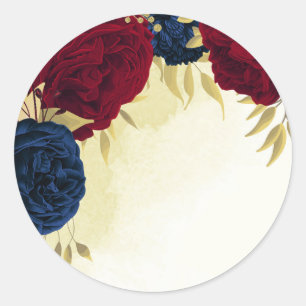 navy red flowers gold leaves wedding classic round sticker