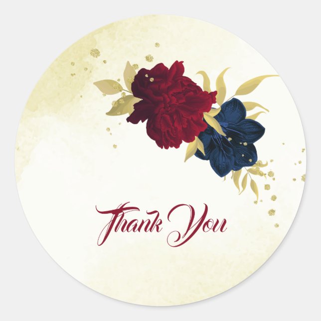 navy red flowers gold leaves wedding classic round sticker (Front)