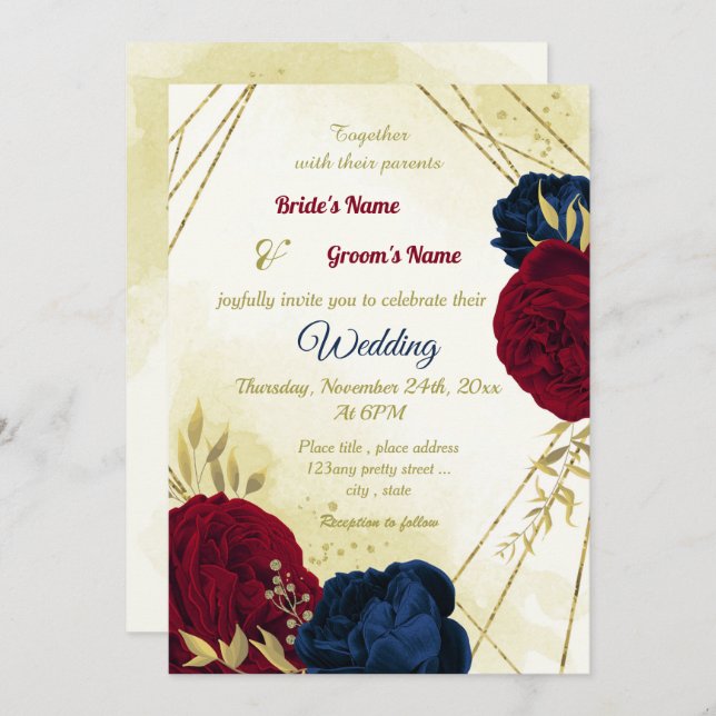 navy red flowers gold leaves wedding invitation (Front/Back)