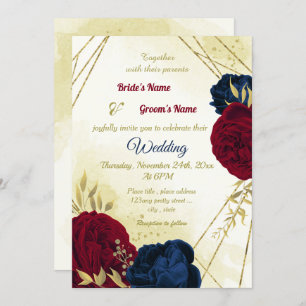 navy red flowers gold leaves wedding invitation