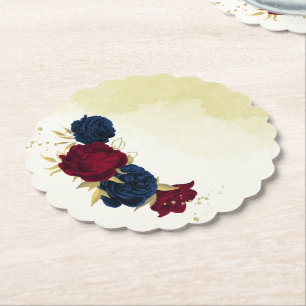 navy red flowers gold leaves wedding paper coaster
