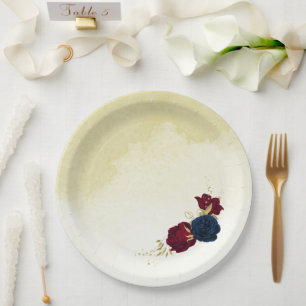 navy red flowers gold leaves wedding paper plate