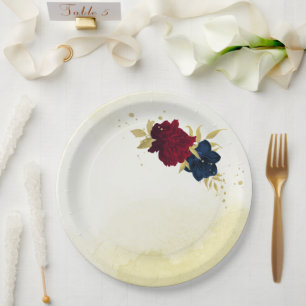 navy red flowers gold leaves wedding paper plate