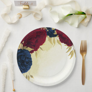 navy red flowers gold leaves wedding paper plate