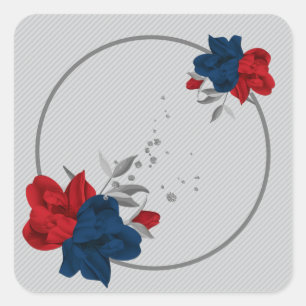 navy & red flowers grey leaves wreath square sticker