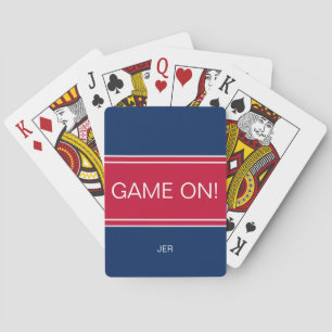 Navy & Red GAME ON Quote Custom Monogram Initials Playing Cards