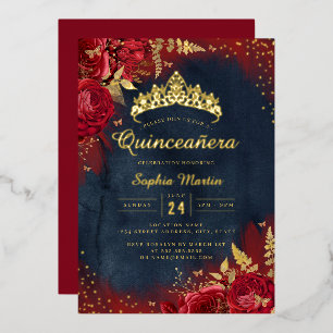 Navy Red Gold Butterfly Floral Quinceanera