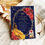 Navy Red Gold Enchanted Rose Quinceañera Party Invitation<br><div class="desc">Featuring a regal navy blue background, ornate golden filigree accents, vibrant red roses, and a delicate enchanted rose encased in glass, this design exudes sophistication and fairy tale charm. The highlight is the stunning illustration of a young woman in a shimmering golden gown, symbolising the grace and beauty of this...</div>