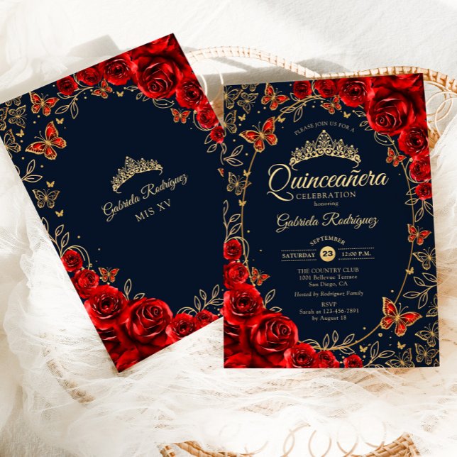 Navy Red Gold Quinceanera Invitation (Creator Uploaded)