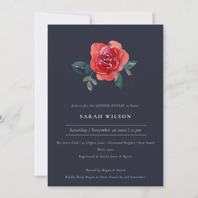 NAVY RED GREEN ROSE FLORAL GENDER REVEAL INVITE (Front)