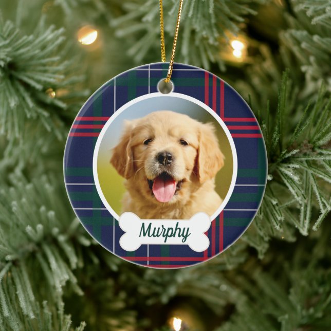 Navy Red Green Tartan Plaid Custom Dog Photo Ceramic Ornament (Tree)