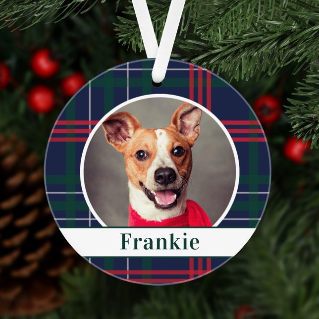 Navy Red Green Tartan Plaid Custom Dog Photo Ornament (Creator Uploaded)
