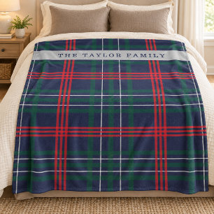 Navy Red Green Tartan Plaid Family Name Fleece Blanket