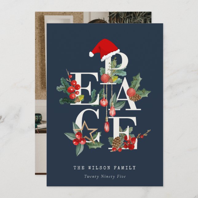 Navy Red Green White Peace Christmas Foliage Photo Holiday Card (Front/Back)
