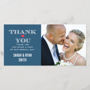 Navy Red Heart Wedding Photo Thank You Cards