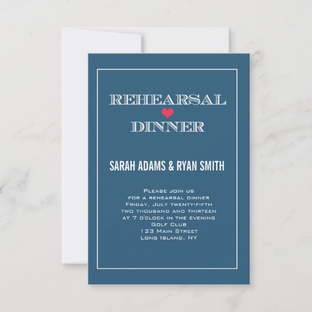 Navy Red Heart Wedding Rehearsal Dinner Invites (Front)