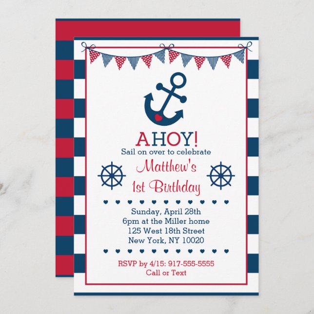 Navy & Red Nautical Anchor 1st Birthday Invitation (Front/Back)